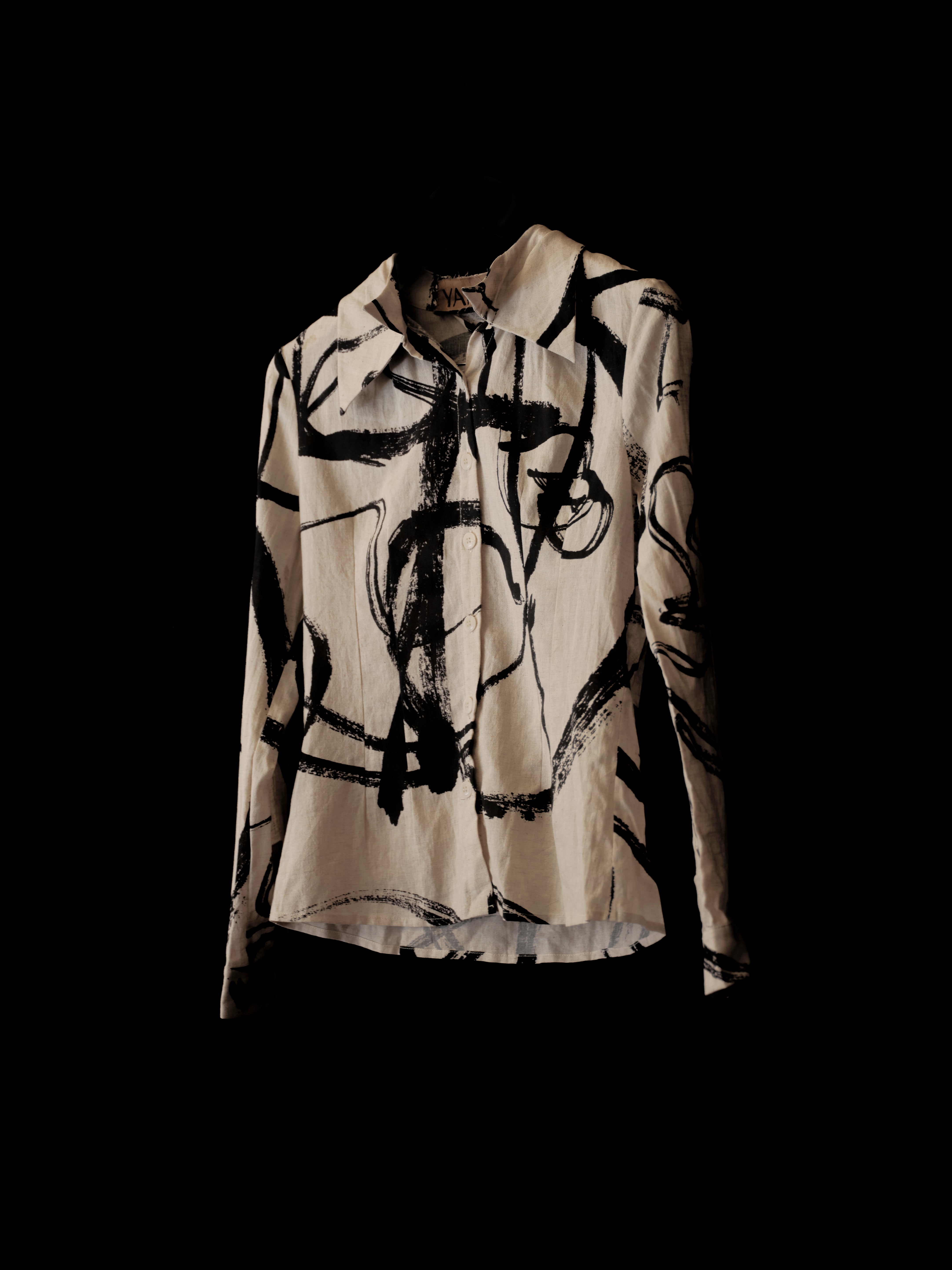 Women’s Long - Sleeve Shirt with Ink - Style Print and Double - Layer Collar - Avant Gardist