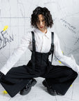 Deconstructed Corset-Like Wide-Leg Trousers with Suspenders