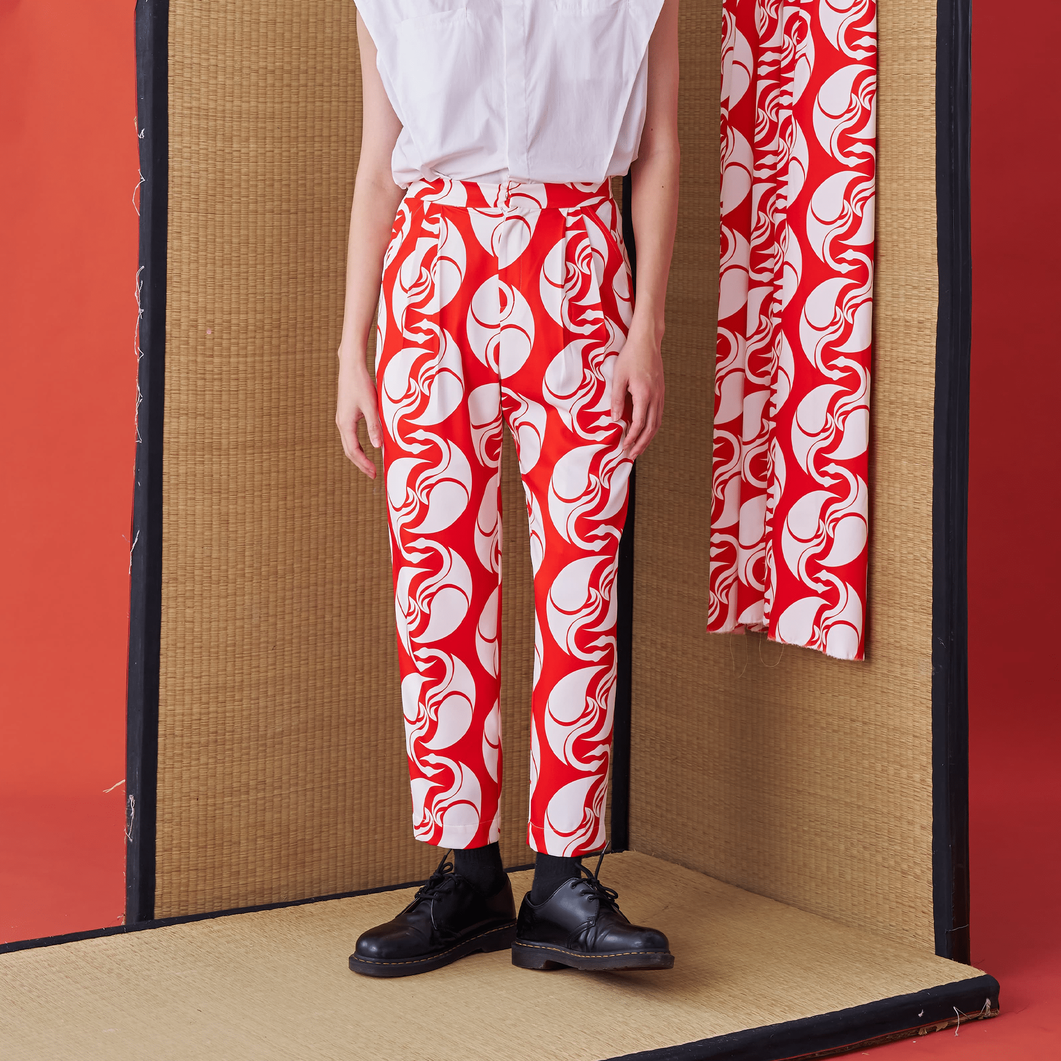 Japanese Crest White Crane Print Suit Trousers - Avant Gardist