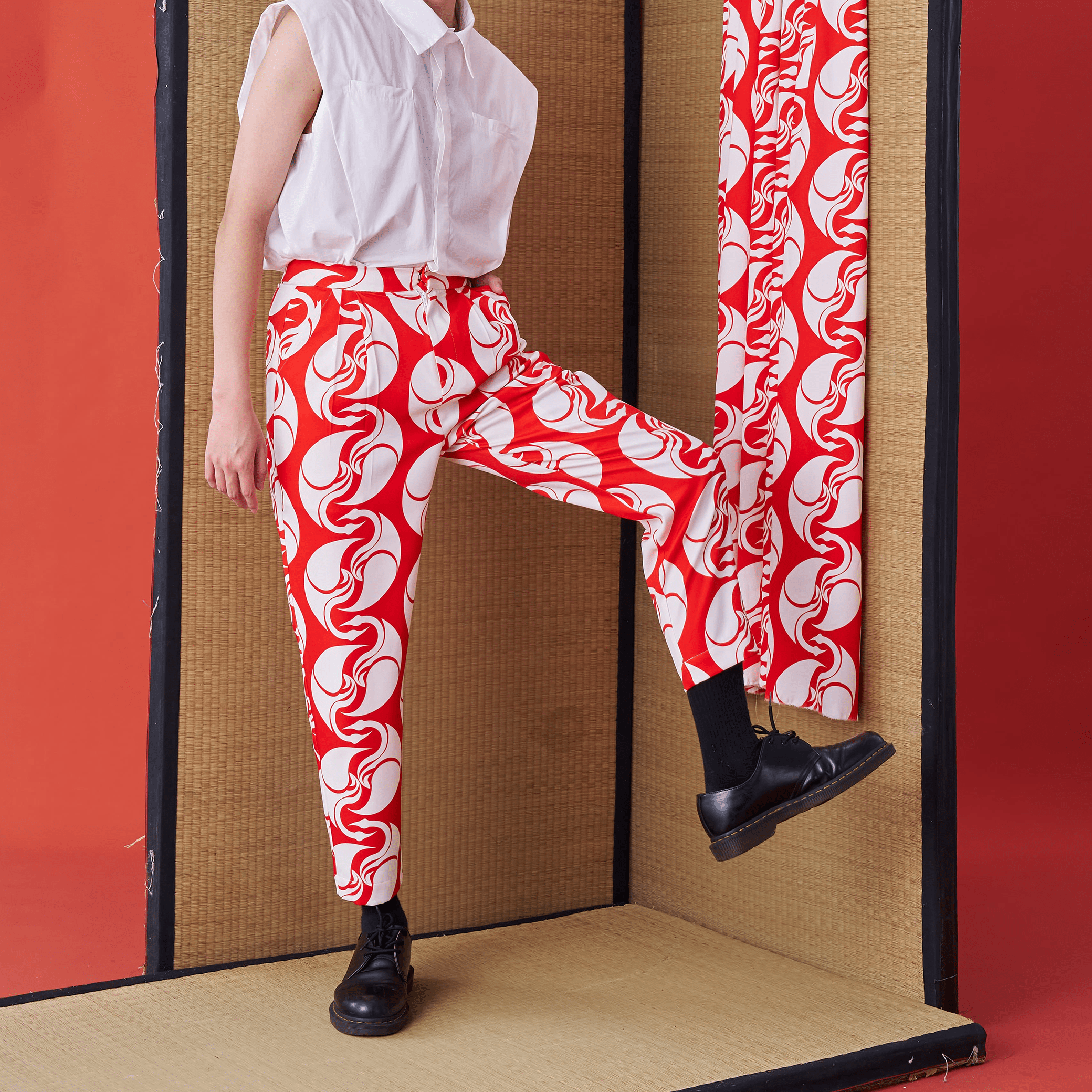 Japanese Crest White Crane Print Suit Trousers - Avant Gardist