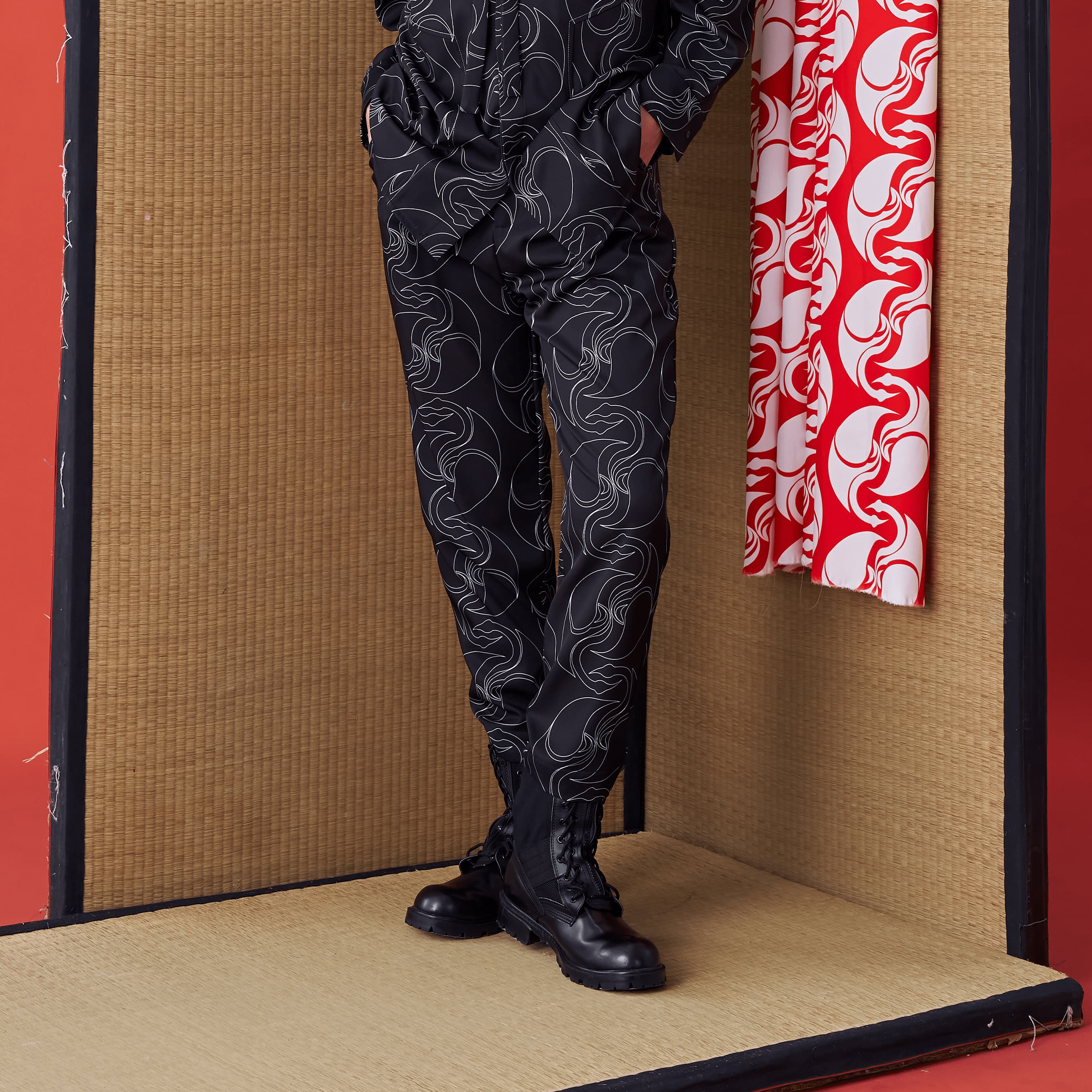 Japanese Crest White Crane Print Suit Trousers - Avant Gardist