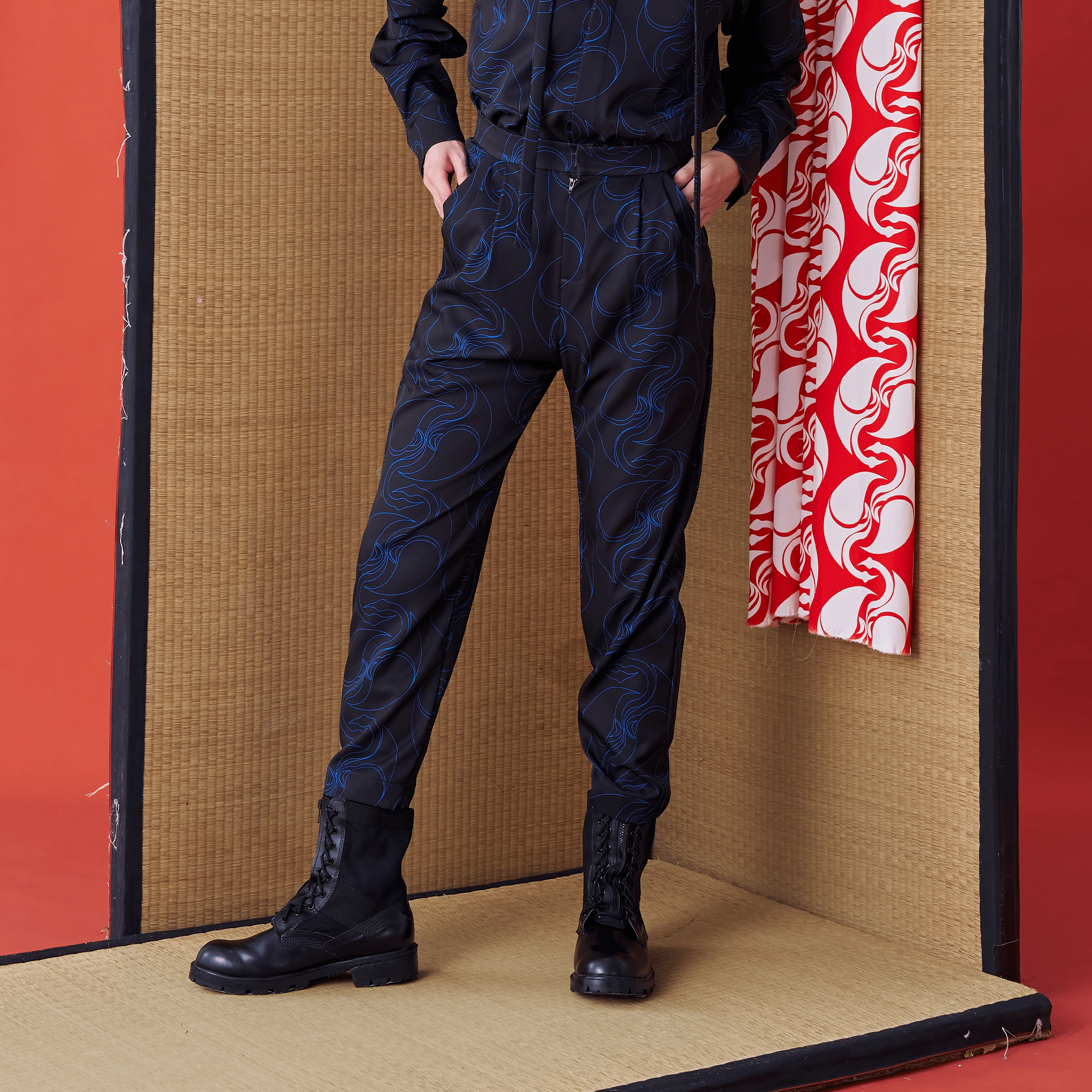 Japanese Crest White Crane Print Suit Trousers - Avant Gardist