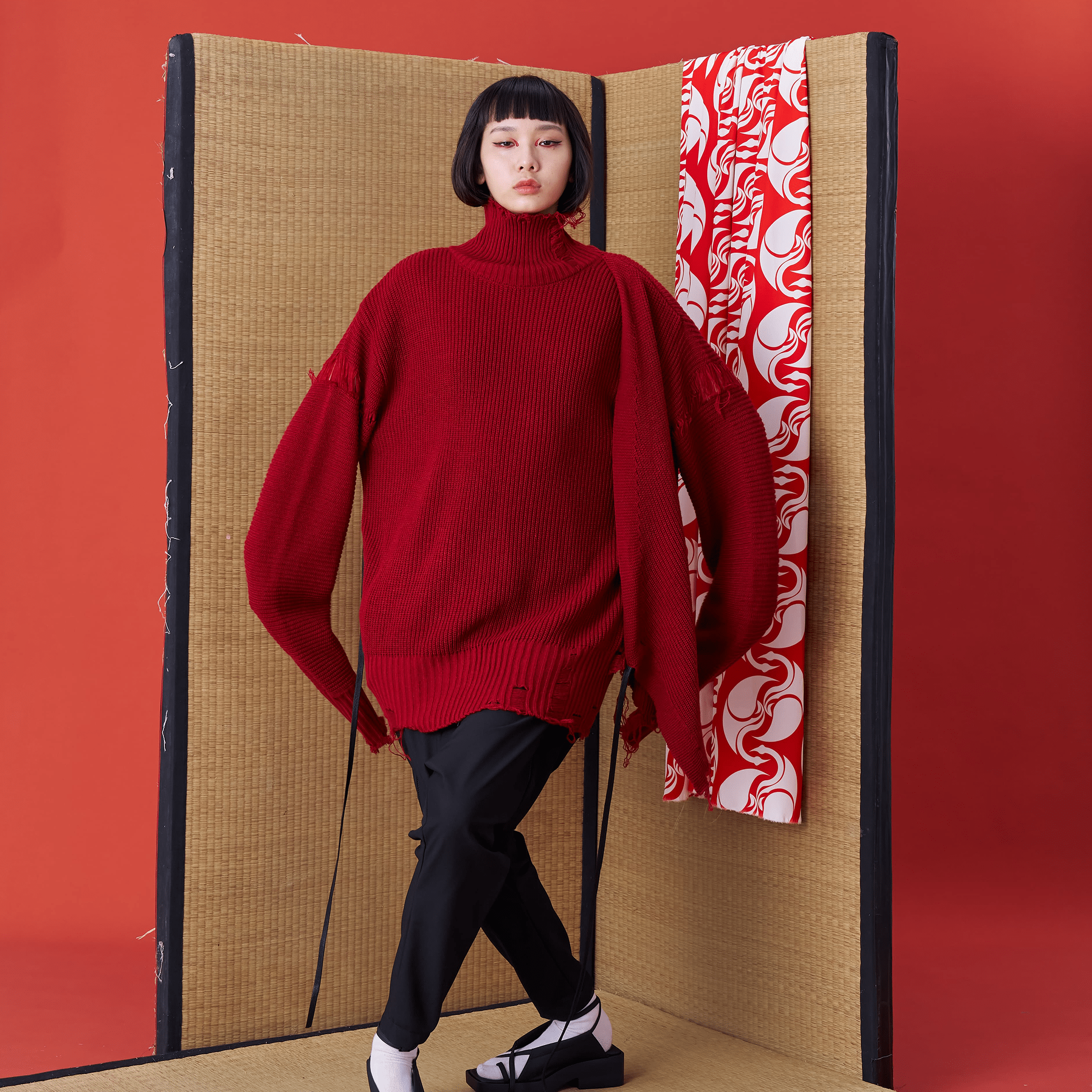 Deconstructed Sweater with Faux Front Placket and Side Tie Straps - Avant Gardist