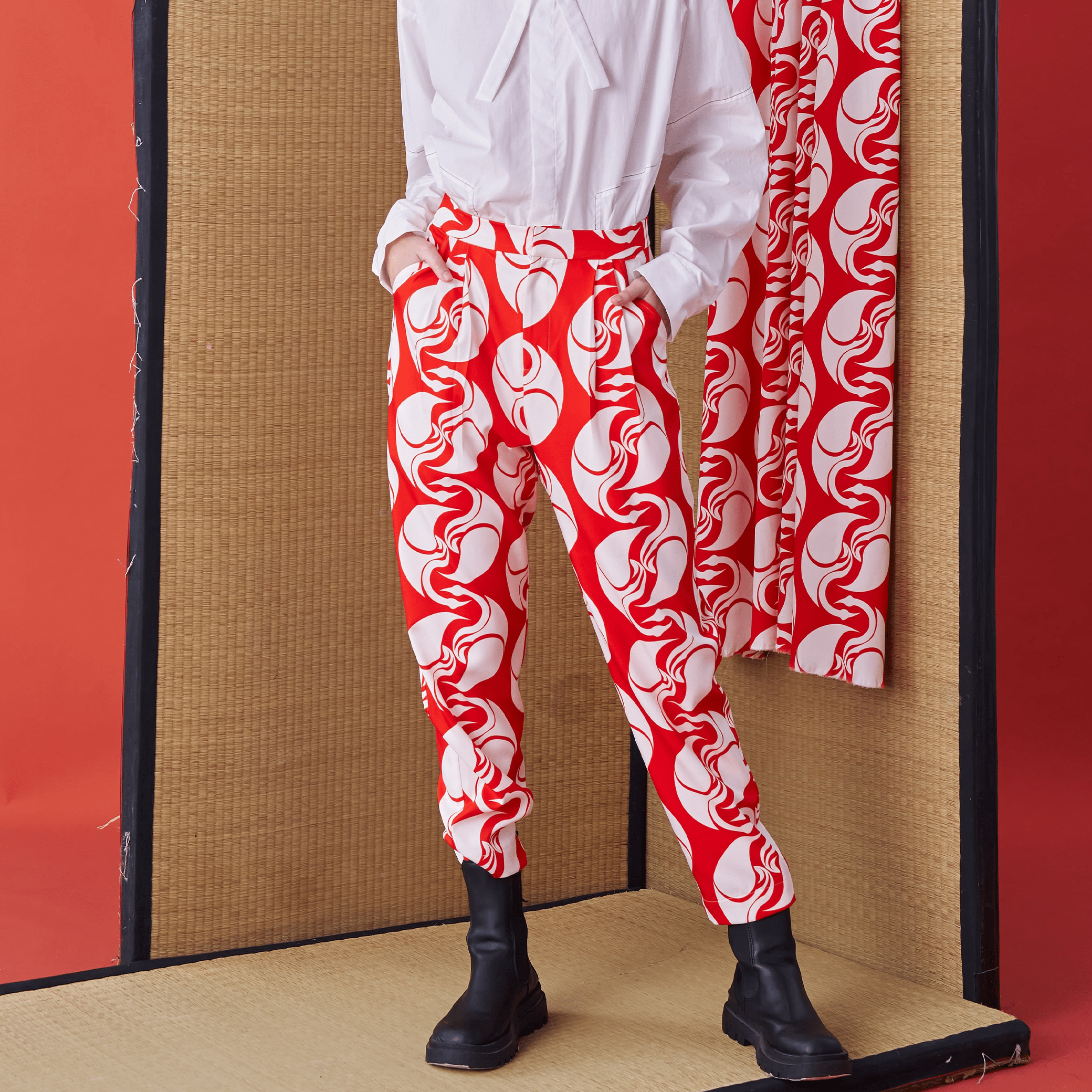 Japanese Crest White Crane Print Suit Trousers - Avant Gardist