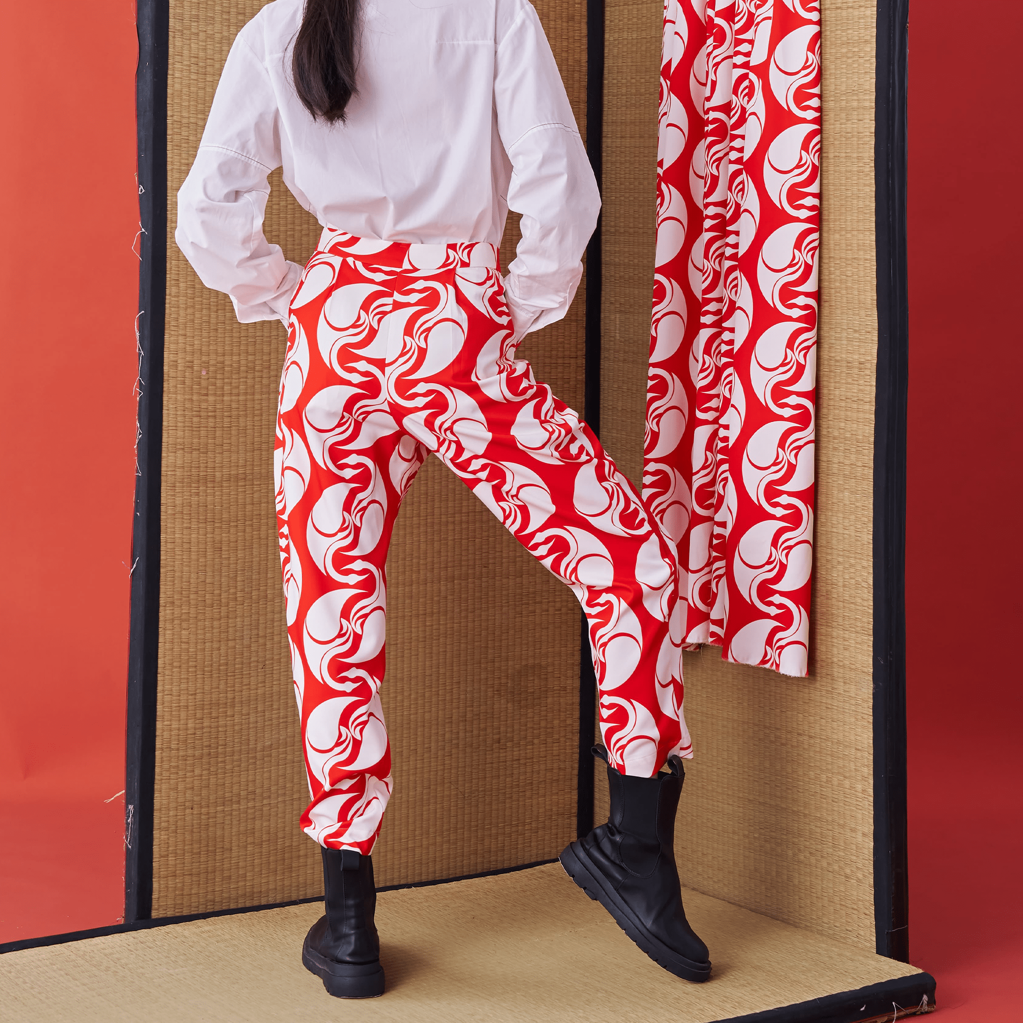 Japanese Crest White Crane Print Suit Trousers - Avant Gardist