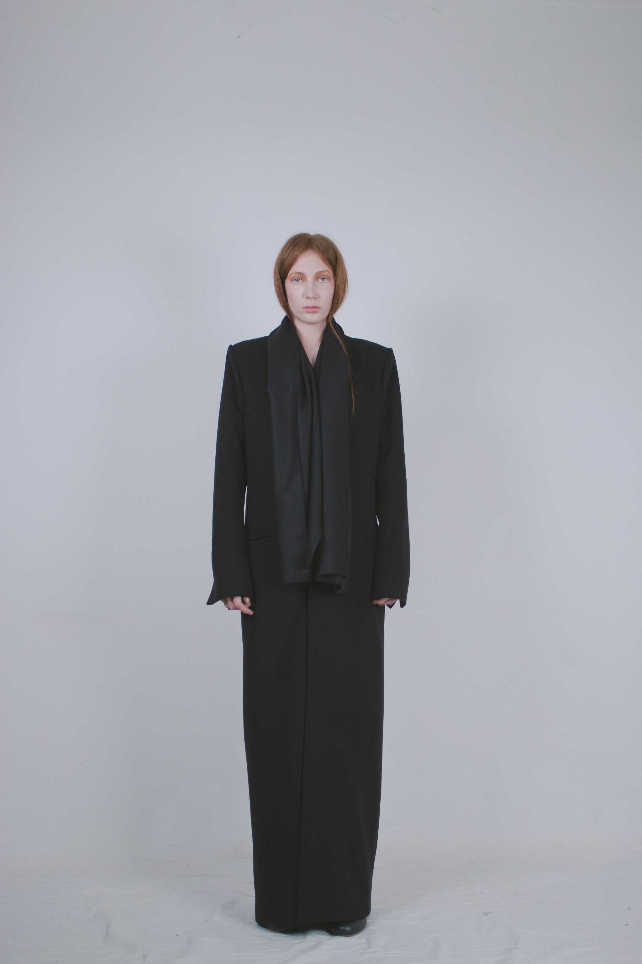 Black Wool Tailored Coat with Scarf
