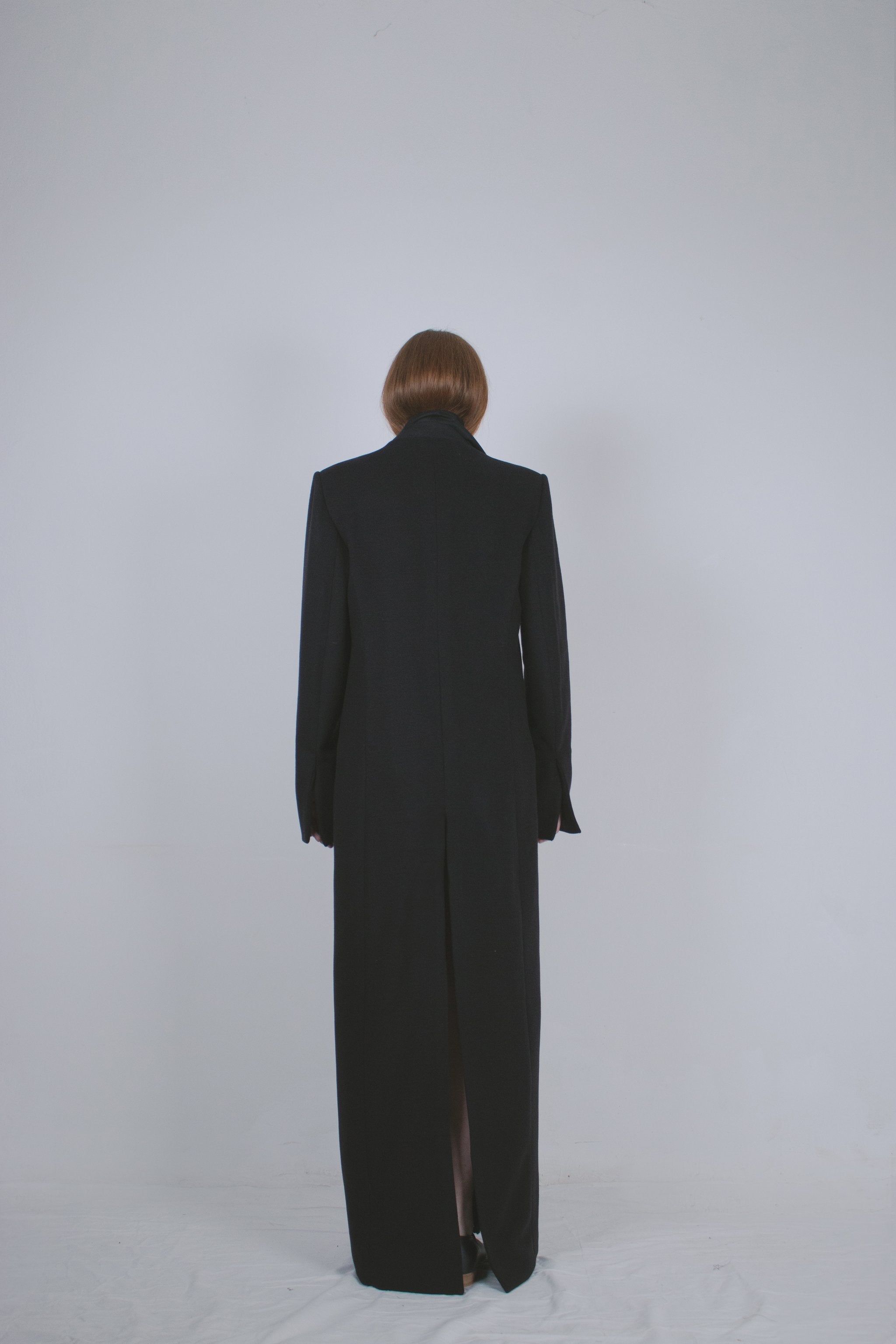 Black Wool Tailored Coat with Scarf