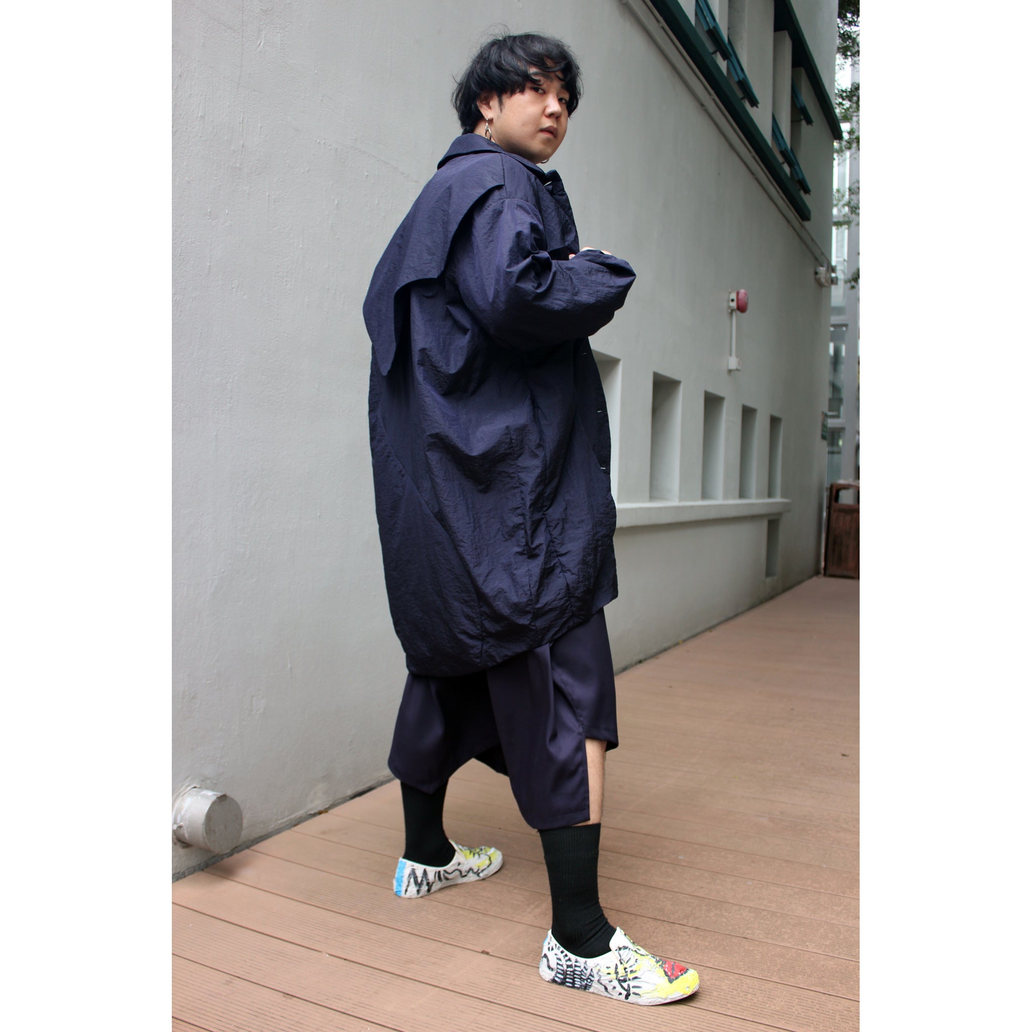 Coat - Long Coat Cocoon Shape with Elevated Panels