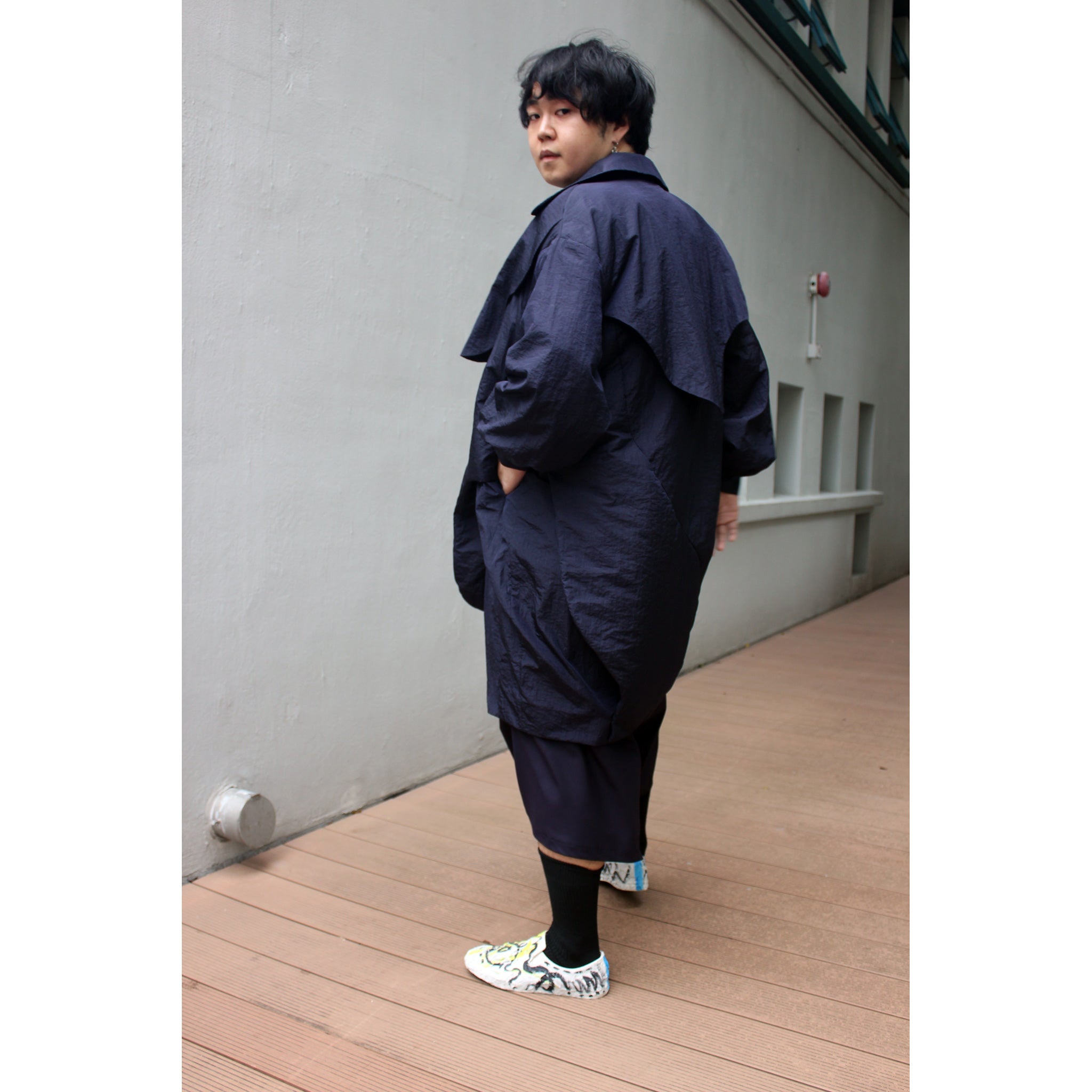 Coat - Long Coat Cocoon Shape with Elevated Panels