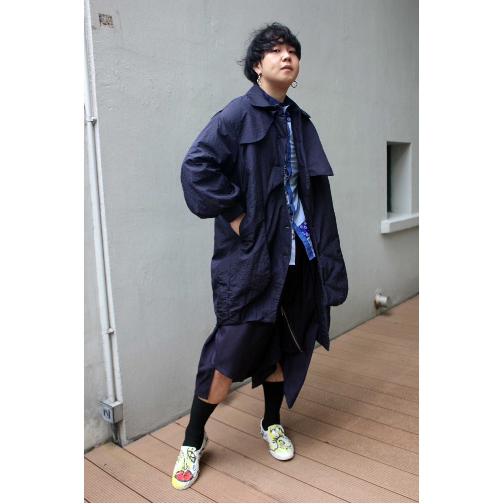 Coat - Long Coat Cocoon Shape with Elevated Panels