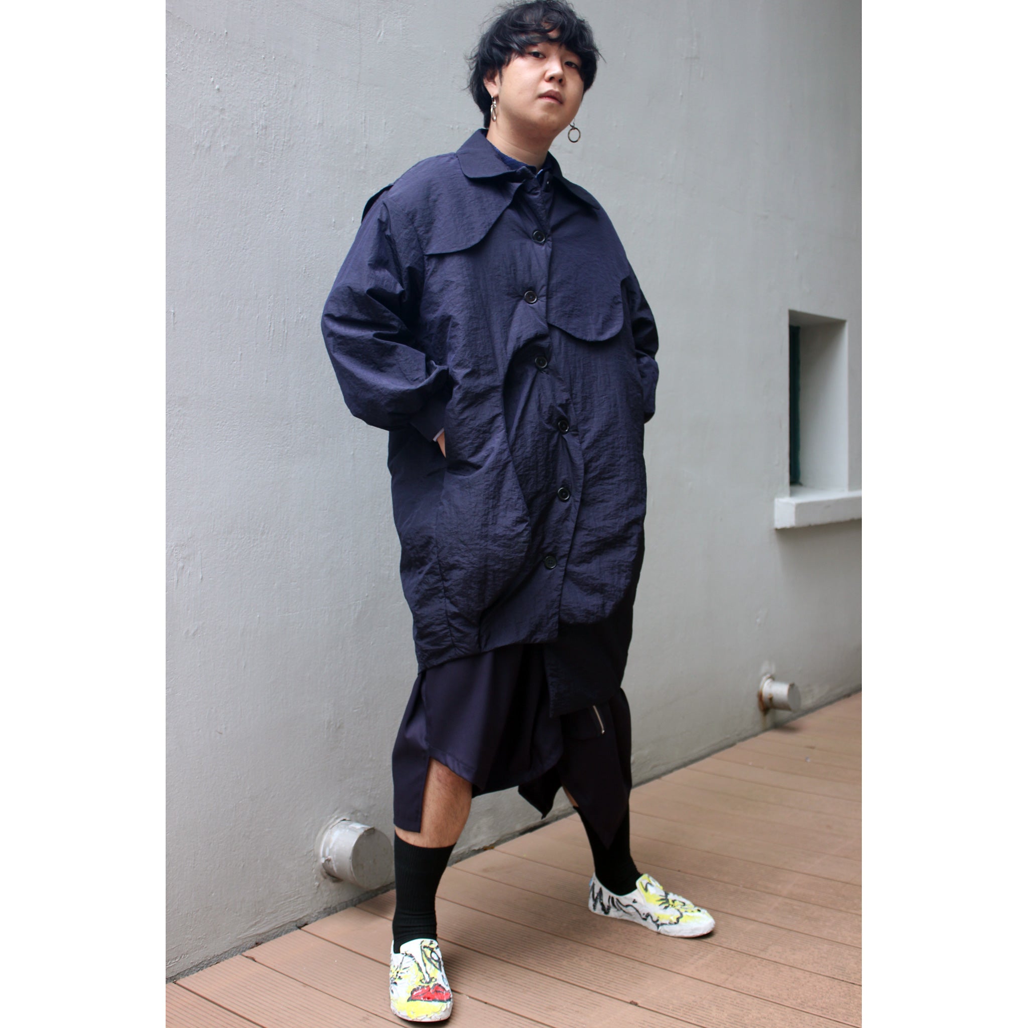 Coat - Long Coat Cocoon Shape with Elevated Panels