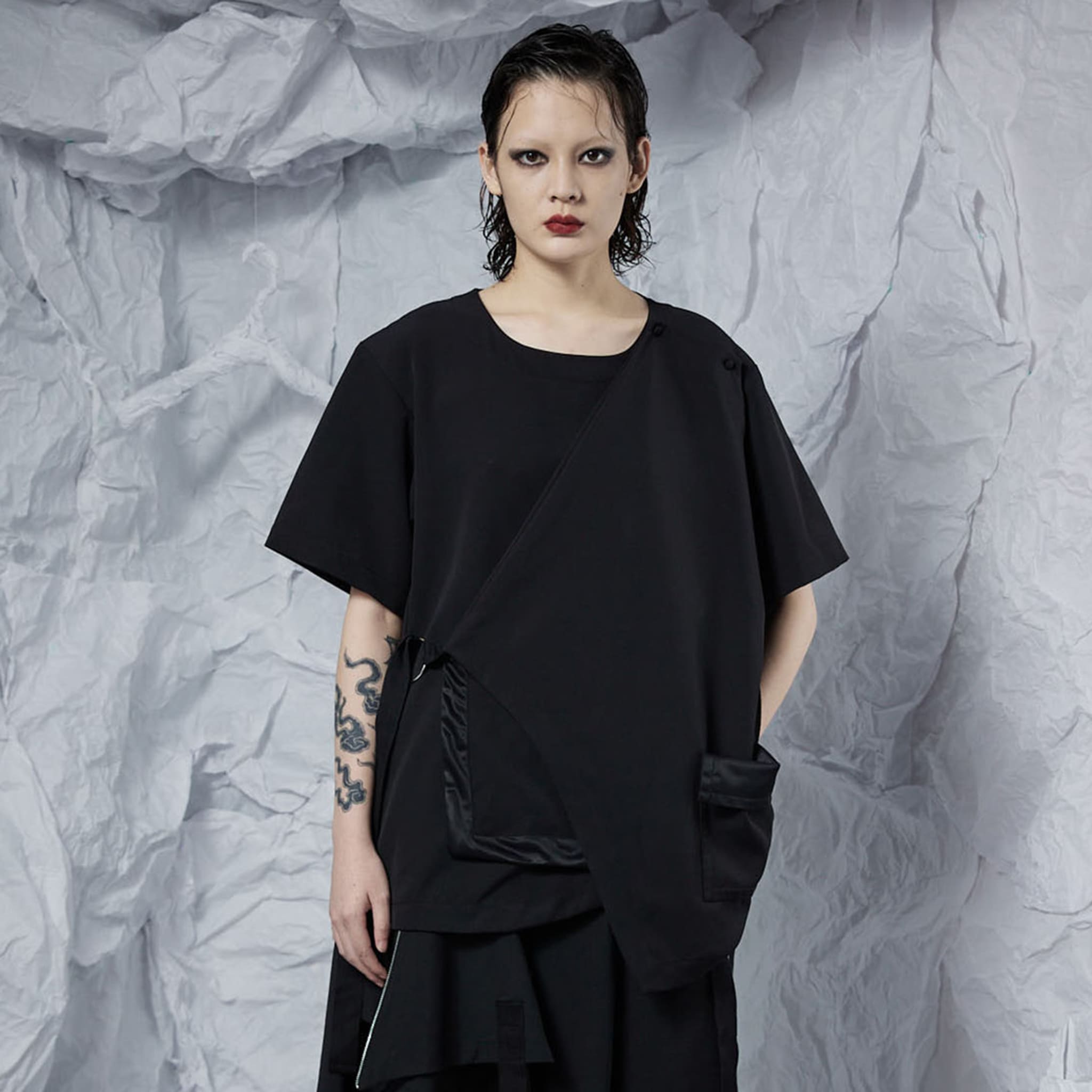 Short Sleeve Top with Draping Pocket