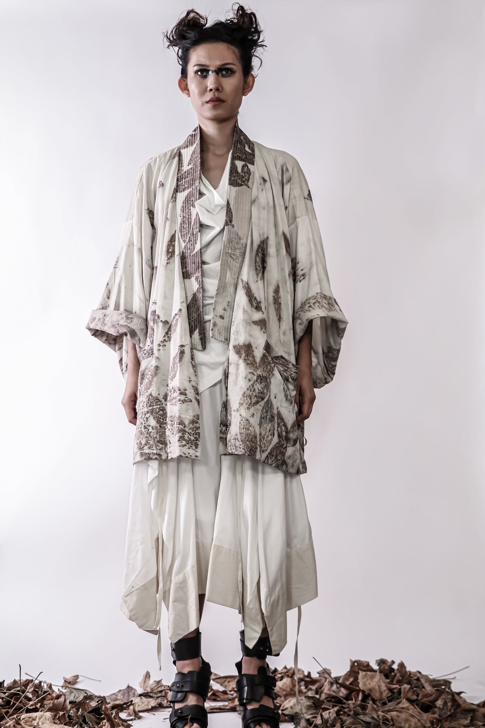 Handmade Botanical Print Double Breasted Oversize Kimono Jacket